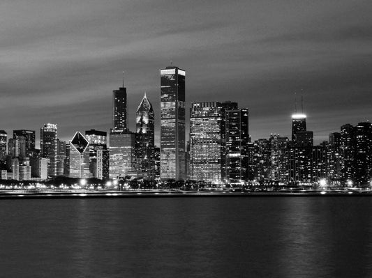 Chicago Skyline photo, paper or canvas print, black and white photography art, large wall decor, city panorama picture, 5x7 8x12 to 32x48"