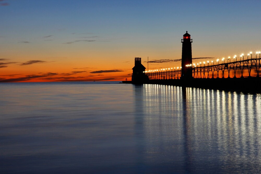 Grand Haven Lighthouse Romance photo print, Lake Michigan art photography, large paper or canvas wall decor, sunset picture 5x7 to 32x48"