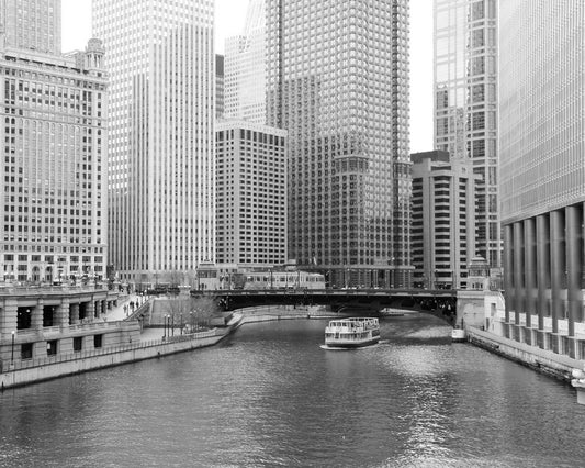 Chicago River photo print, paper or canvas, black and white city art photography, small 5x7, 8x10 11x14 to large 24x36 inch wall decor