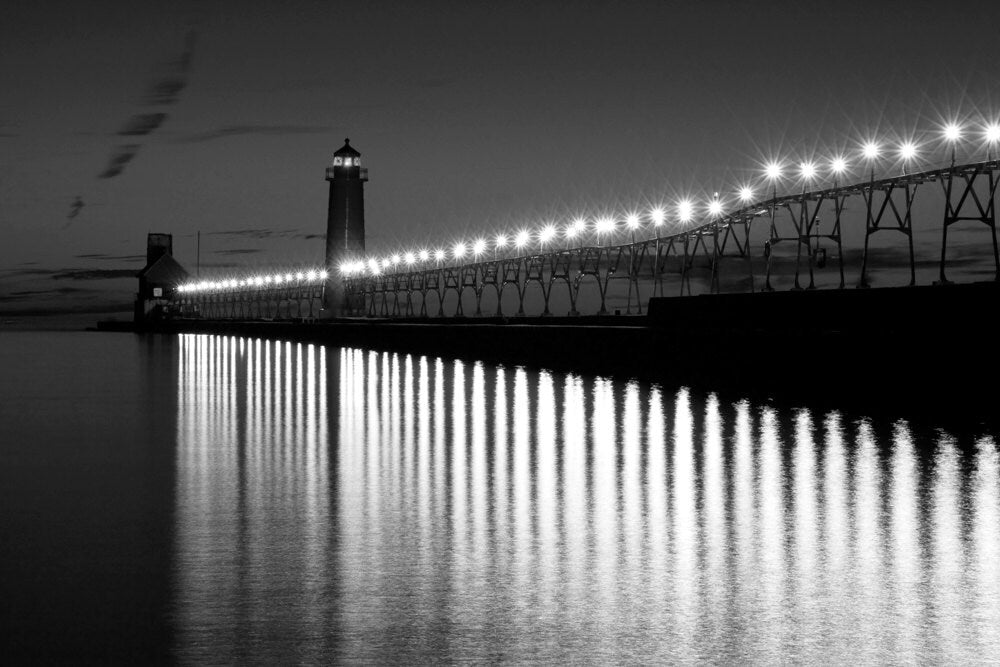Grand Haven Lighthouse picture, black and white art photo print, Michigan photography, large wall decor, paper, canvas, 5x7 8x10 to 30x45"