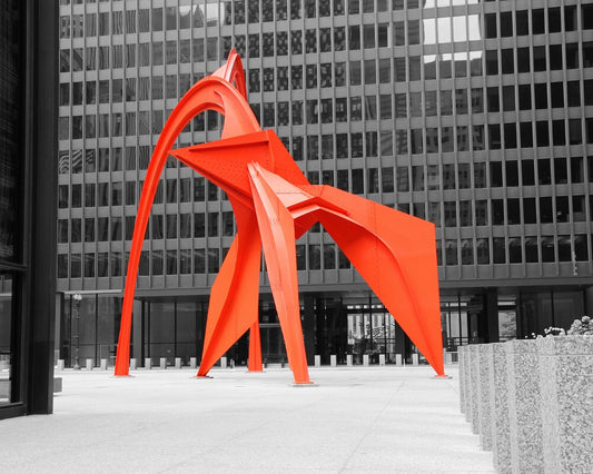 Chicago Flamingo sculpture, red black and white art photo print, city photography, large picture or canvas wall decor 8x10 12x16 20x30 30x45