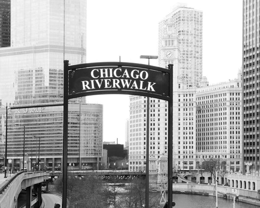 Chicago Riverwalk photo print, city picture, black and white art photography, large paper or canvas wall decor 5x7 8x10 12x12 16x20 30x45