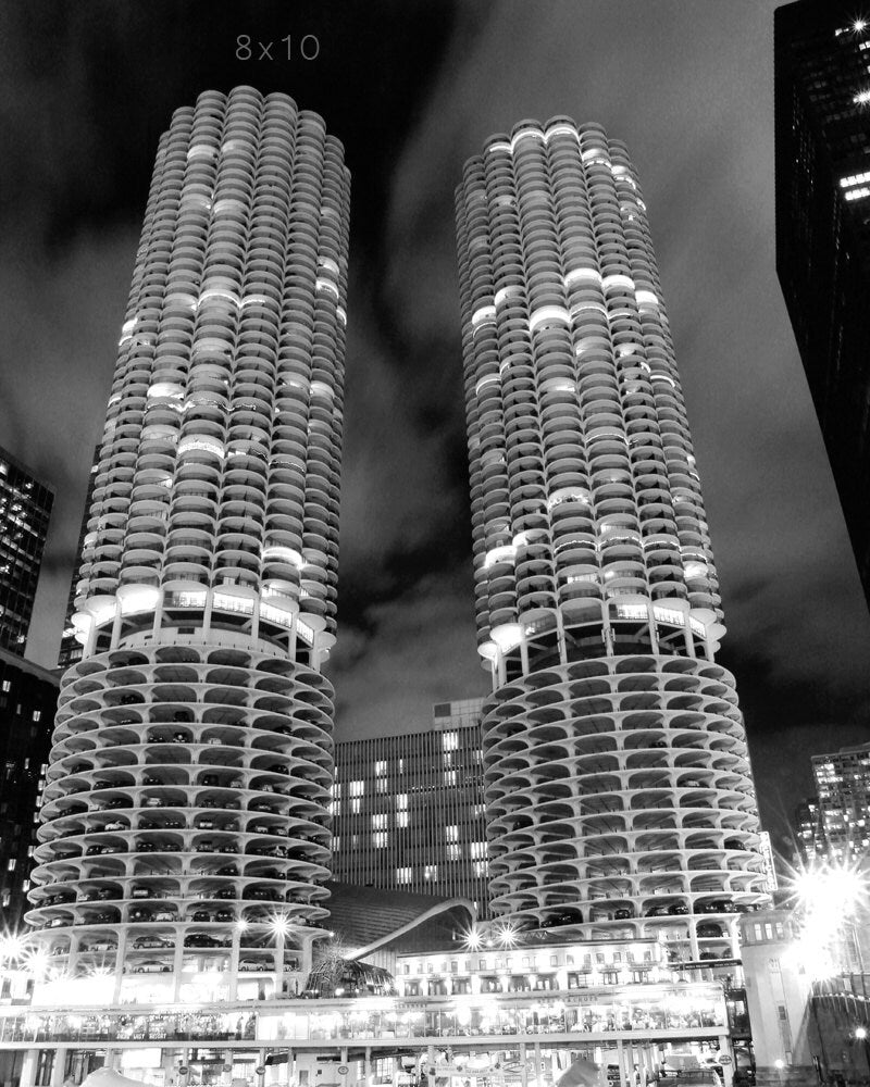 VERTICAL Chicago print, Chicago wall art, Marina City Twin Towers, black and white Chicago photo, Chicago photography, 5x7 8x10 18x24 20x30"