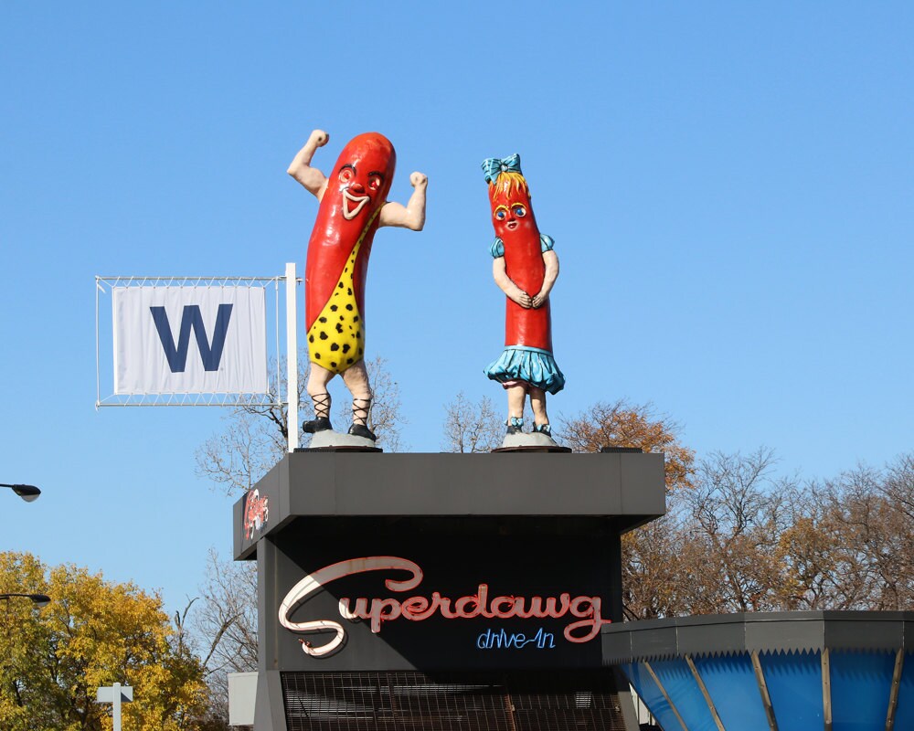 Chicago Superdawg photo, Cubs World Series win flag picture, city art photography, print or canvas large wall decor 12x16 16x20 20x30 30x45