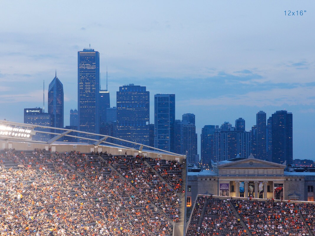 Chicago Soldier Field Skyline photo print, Bears football picture, orange blue art wall decor, large paper or canvas 8x10 11x14 16x24 20x30