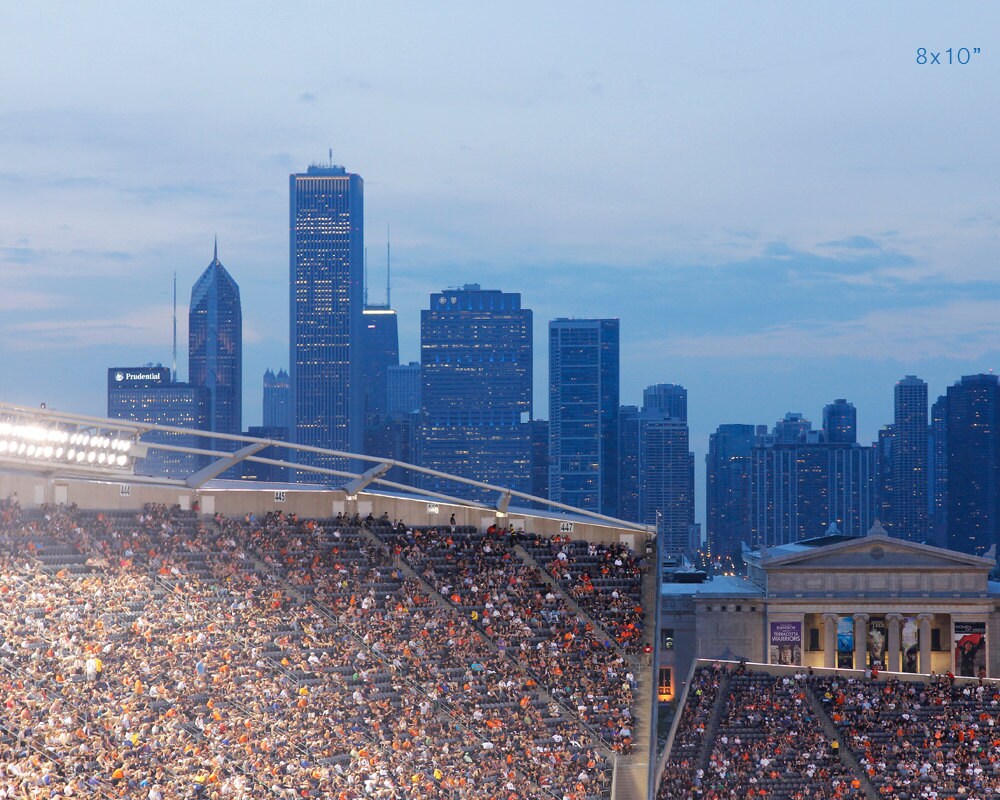 Chicago Soldier Field Skyline photo print, Bears football picture, orange blue art wall decor, large paper or canvas 8x10 11x14 16x24 20x30