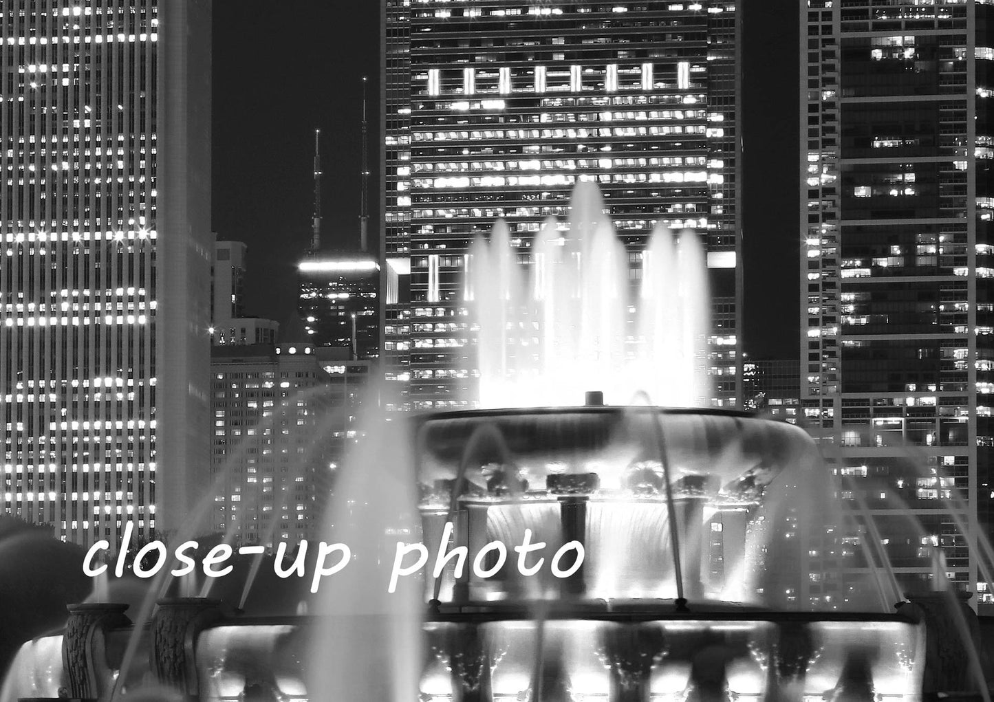 Chicago skyline wall art, Buckingham Fountain picture, large Chicago print, black and white photography, paper or canvas decor 5x7 to 40x60"