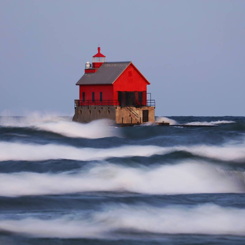 Grand Haven Red Lighthouse photo print, dreamy picture, Lake Michigan art photography, large paper or canvas wall decor, 5x7 to 24x36 inches