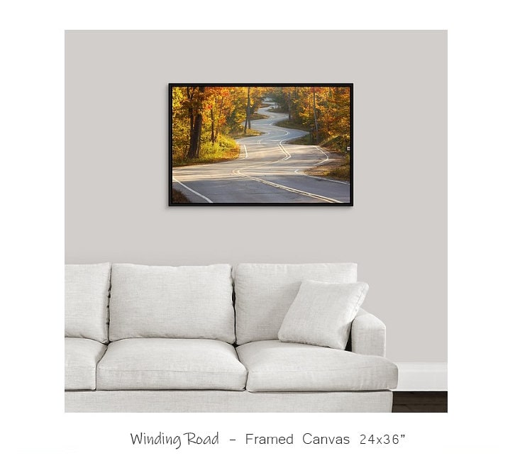 Winding Road photo print, Door County art photography, fall forest trees picture, large yellow canvas wall home decor 8x10 12x18 20x30 24x36
