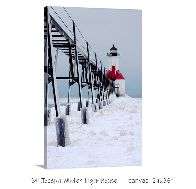 Lighthouse photography, Michigan art photo print, St Joseph winter scenery, large picture or canvas wall decor 8x10 11x14 16x20 20x30 30x45