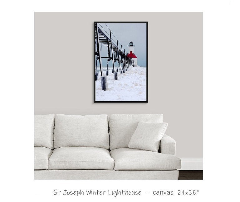 Lighthouse photography, Michigan art photo print, St Joseph winter scenery, large picture or canvas wall decor 8x10 11x14 16x20 20x30 30x45