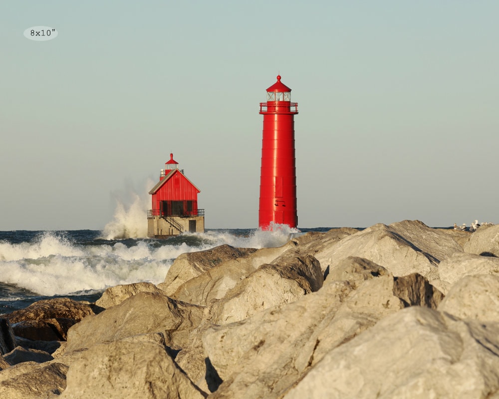 Grand Haven photo, red lighthouse print, nautical wall art decor, Lake Michigan photography, paper or canvas picture, 5x7 to 32x48 inches