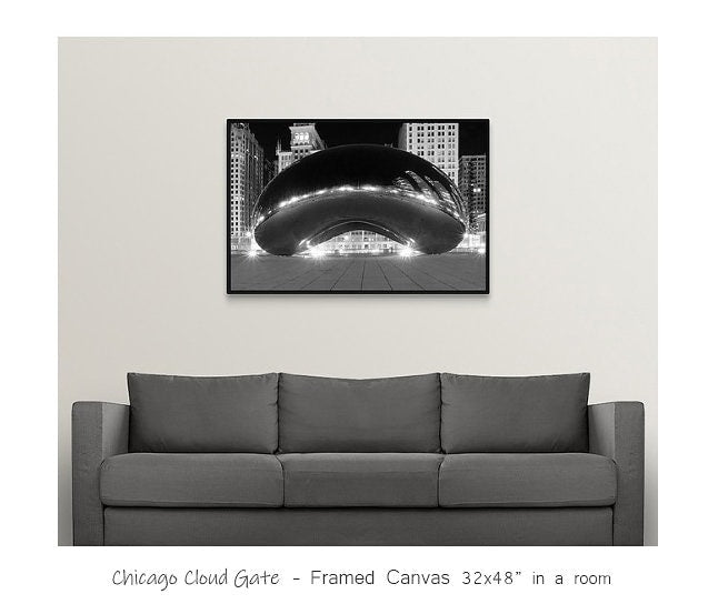 Chicago Bean print, black and white Chicago wall art, Chicago photography at night, large Chicago picture, canvas, 5x7 8x10 11x14 to 32x48