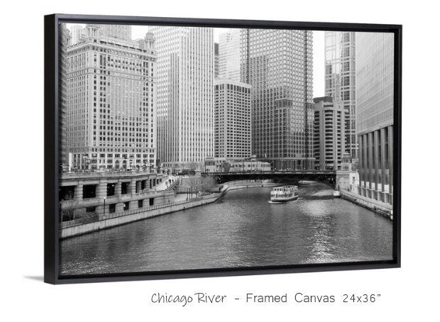 Chicago River photo print, paper or canvas, black and white city art photography, small 5x7, 8x10 11x14 to large 24x36 inch wall decor
