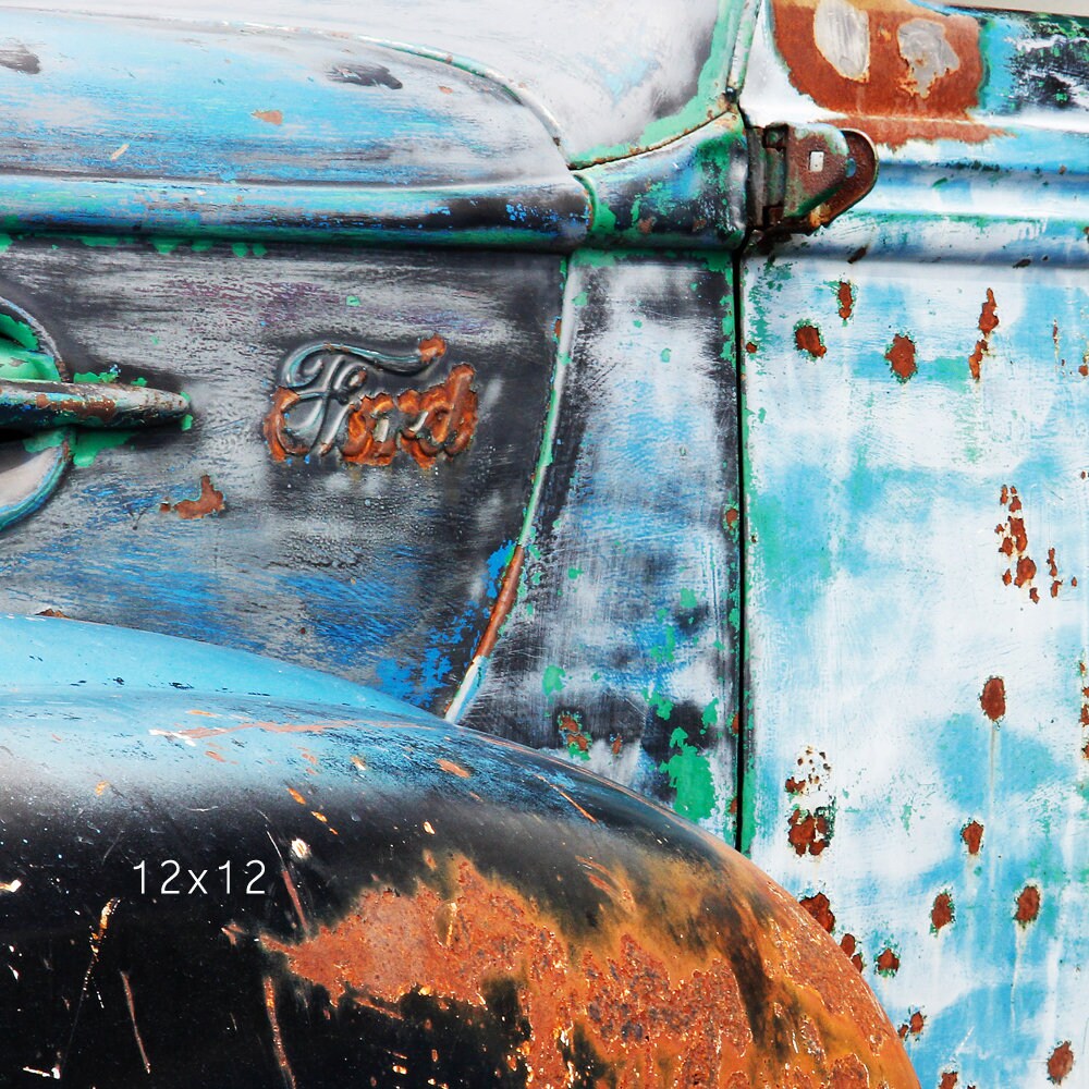 Blue rusty car picture, retro art, colorful photo print, old vintage Ford, large wall decor, paper or canvas 8x10 11x14 12x12 20x30 24x36