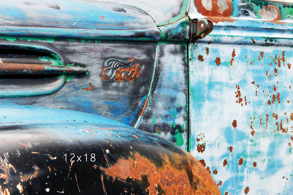 Blue rusty car picture, retro art, colorful photo print, old vintage Ford, large wall decor, paper or canvas 8x10 11x14 12x12 20x30 24x36