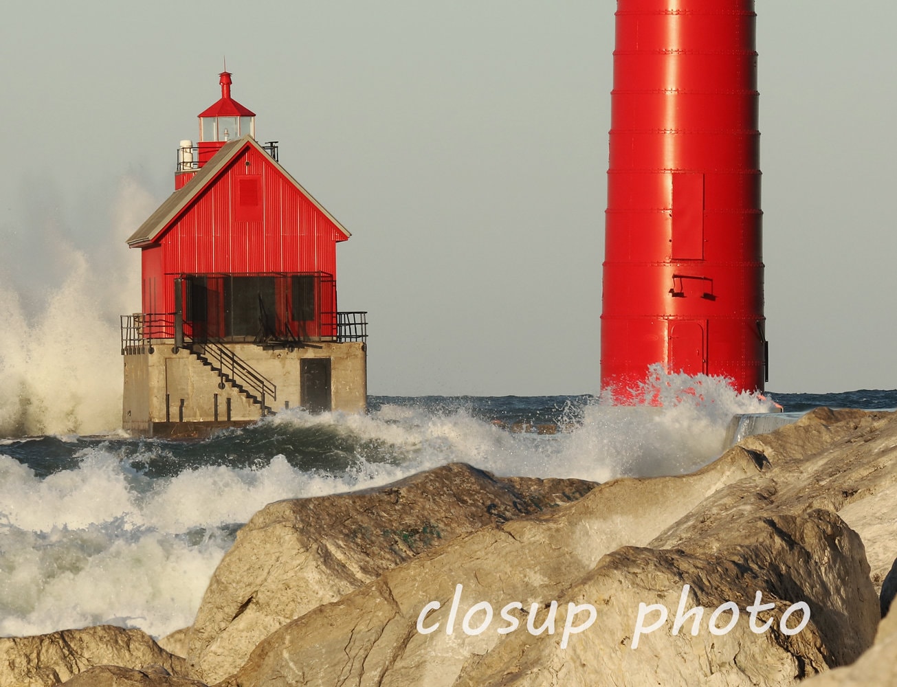 Grand Haven photo, red lighthouse print, nautical wall art decor, Lake Michigan photography, paper or canvas picture, 5x7 to 32x48 inches