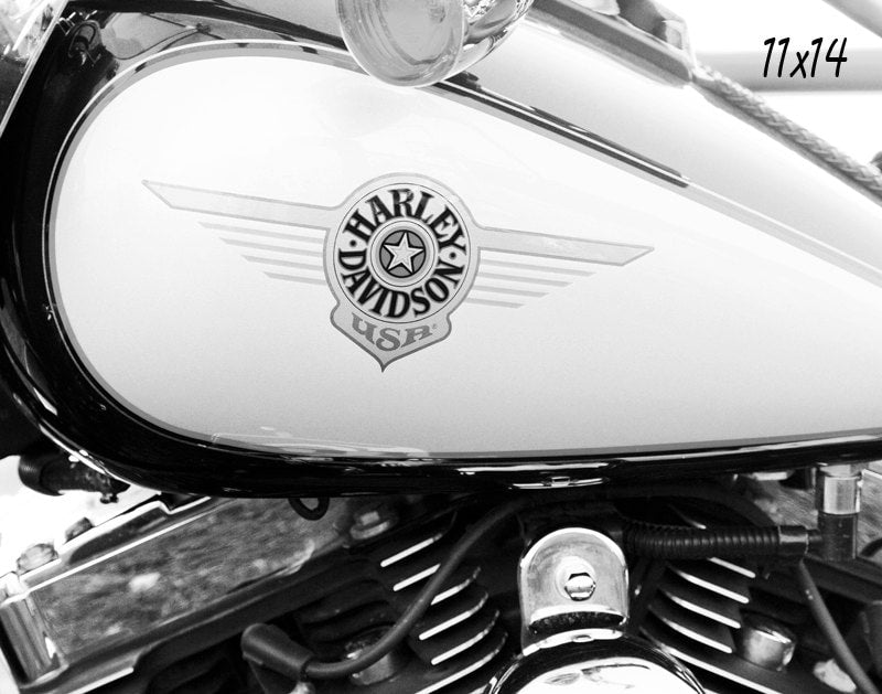Harley Davidson photo print, black and white art photography, motorcycle picture, large paper or canvas wall decor 8x10 11x14 16x20 20x24