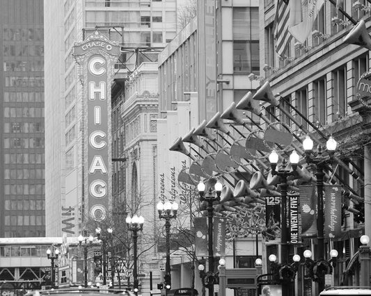Chicago art print, Chicago State Street photo, black and white Chicago photograph, Chicago Theater picture, canvas wall art, 5x7 to 32x48"