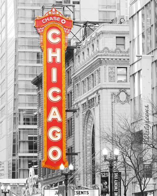 VERTICAL Chicago Theater print, Chicago photo with pop of red color, neon sign, Chicago poster, Chicago canvas art 8x10 11x17 18x24 32x48