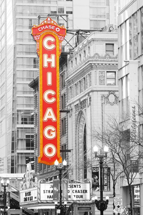 VERTICAL Chicago Theater print, Chicago photo with pop of red color, neon sign, Chicago poster, Chicago canvas art 8x10 11x17 18x24 32x48