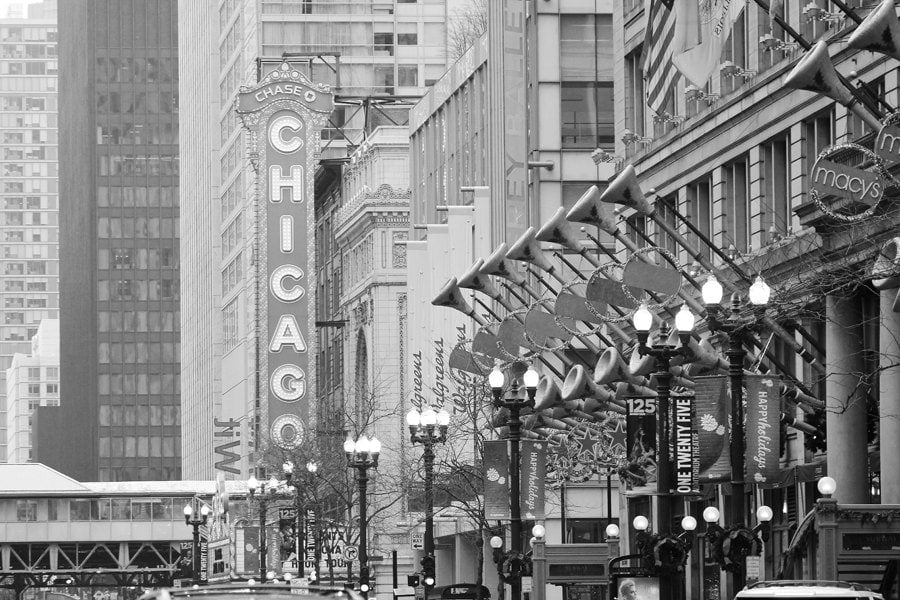 Chicago art print, Chicago State Street photo, black and white Chicago photograph, Chicago Theater picture, canvas wall art, 5x7 to 32x48"