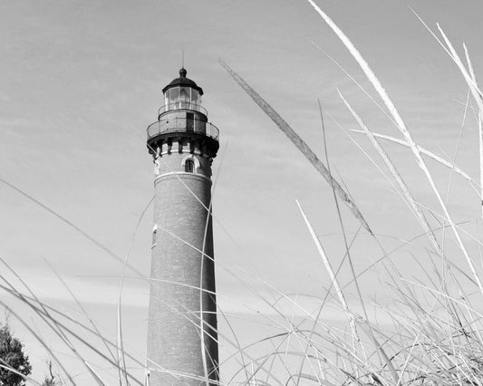 Lighthouse decor, Michigan art photo print, black and white photography, large paper or canvas, dunes wall art 8x10 11x14 12x12 16x20 24x36