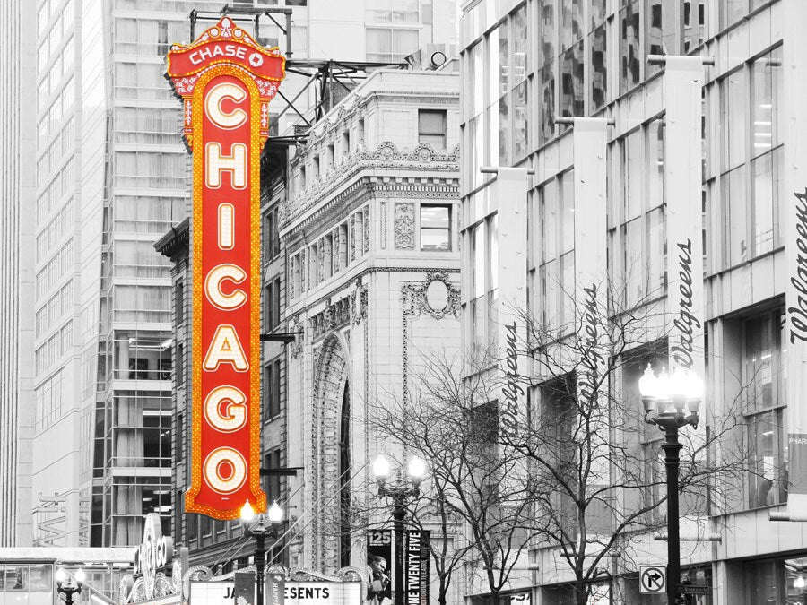 Chicago Theater print, black and white Chicago photography with pop of color, red neon sign, photo or canvas art 5x7 8x10 11x14 16x20 32x48"