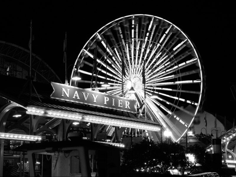 Navy Pier at Night, Chicago wall art, black and white photo, Chicago wall decor, Ferris Wheel, large canvas, 8x10 11x14 16x20 24x30 32x48"