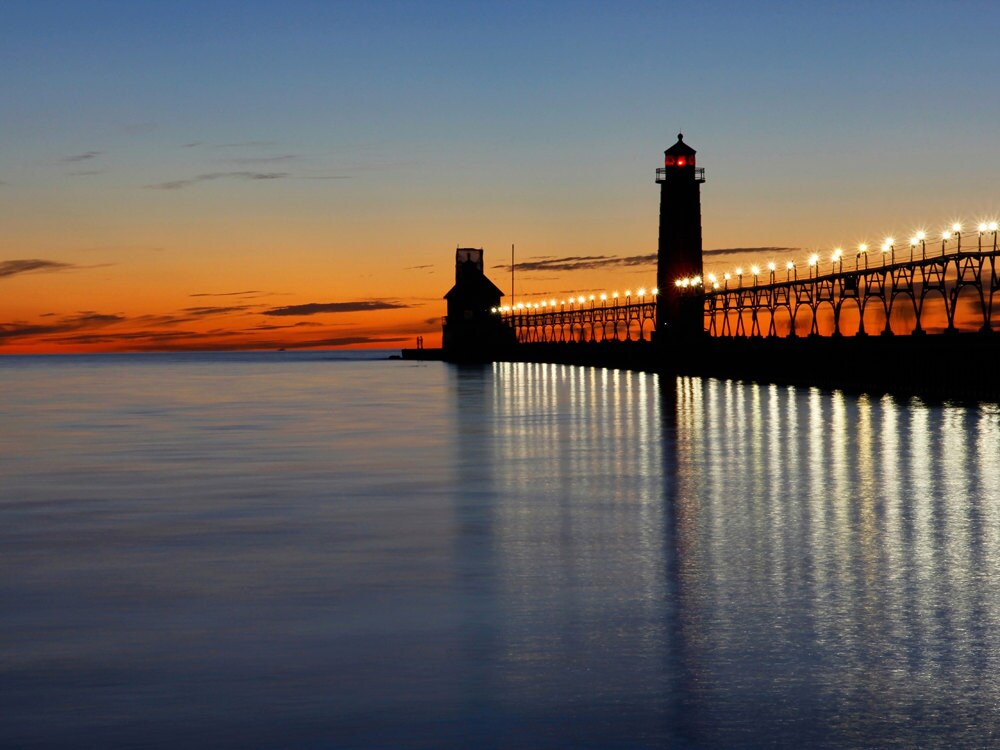 Grand Haven Lighthouse Romance photo print, Lake Michigan art photography, large paper or canvas wall decor, sunset picture 5x7 to 32x48"