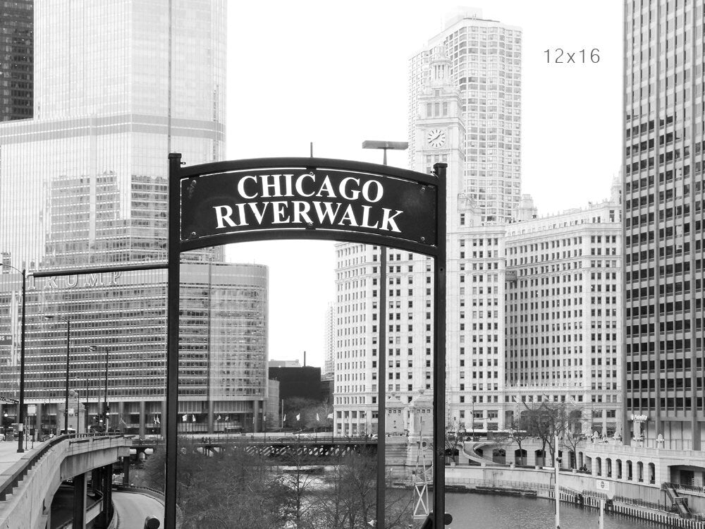 Chicago Riverwalk photo print, city picture, black and white art photography, large paper or canvas wall decor 5x7 8x10 12x12 16x20 30x45