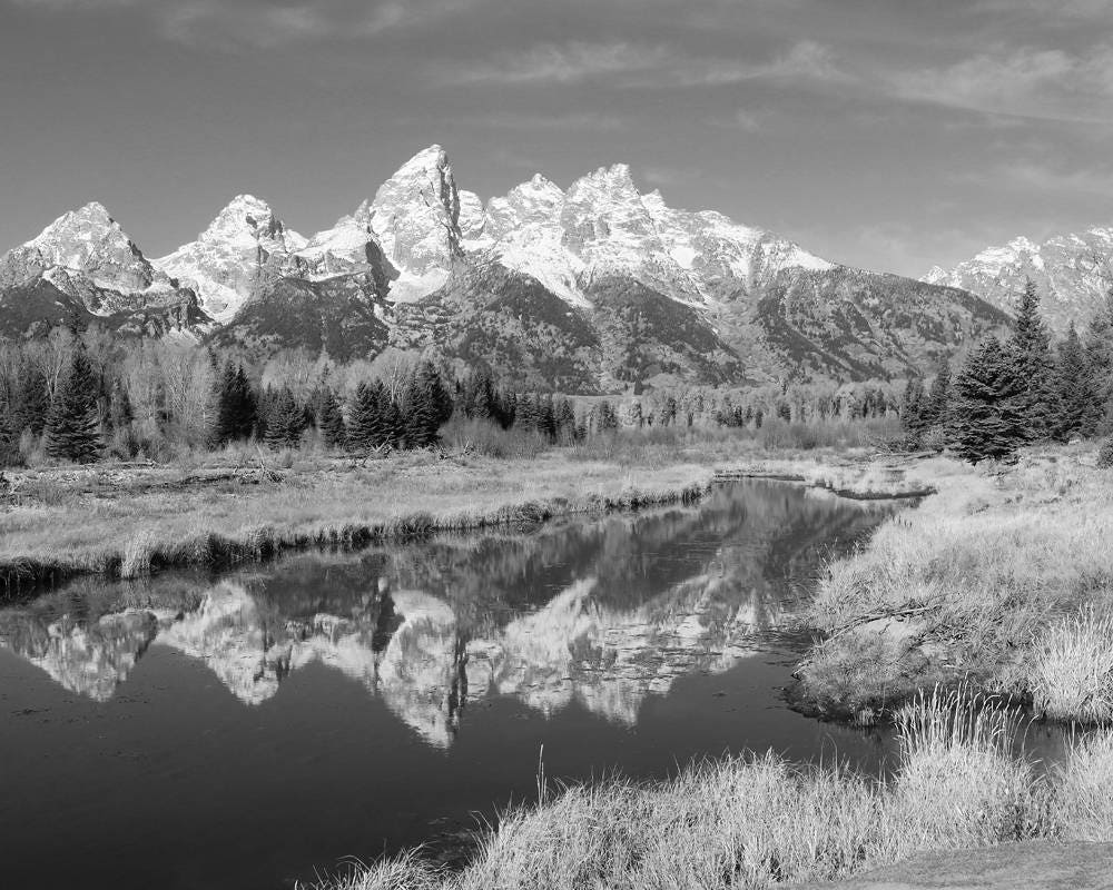 Grand Teton photo print, black and white Wyoming art, snow-capped mountains photography wall decor, large paper canvas picture 5x7 to 32x48"