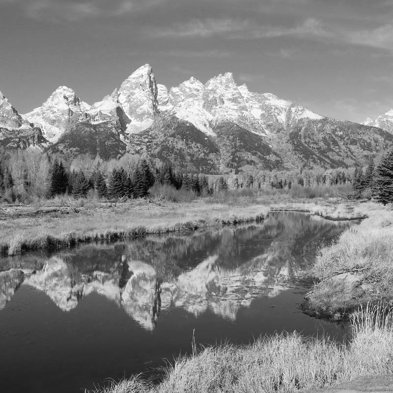 Grand Teton photo print, black and white Wyoming art, snow-capped mountains photography wall decor, large paper canvas picture 5x7 to 32x48"