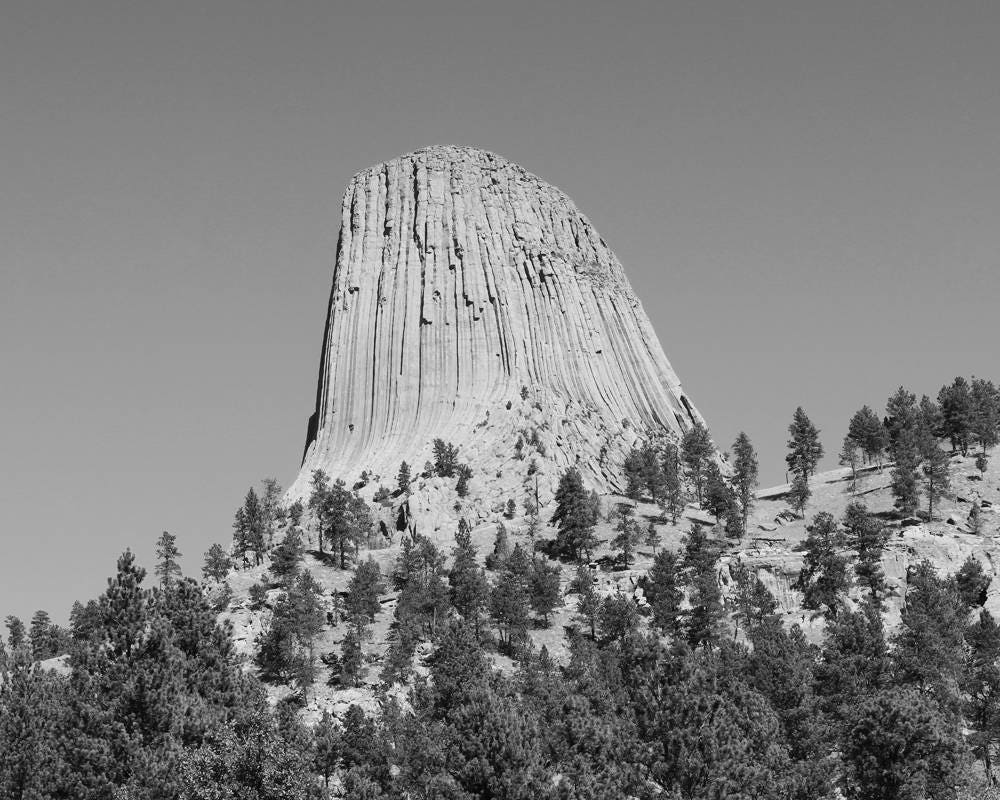 Devil's Tower photo print, black and white Wyoming art, American West photography wall decor, large paper canvas picture 5x7 to 32x48"