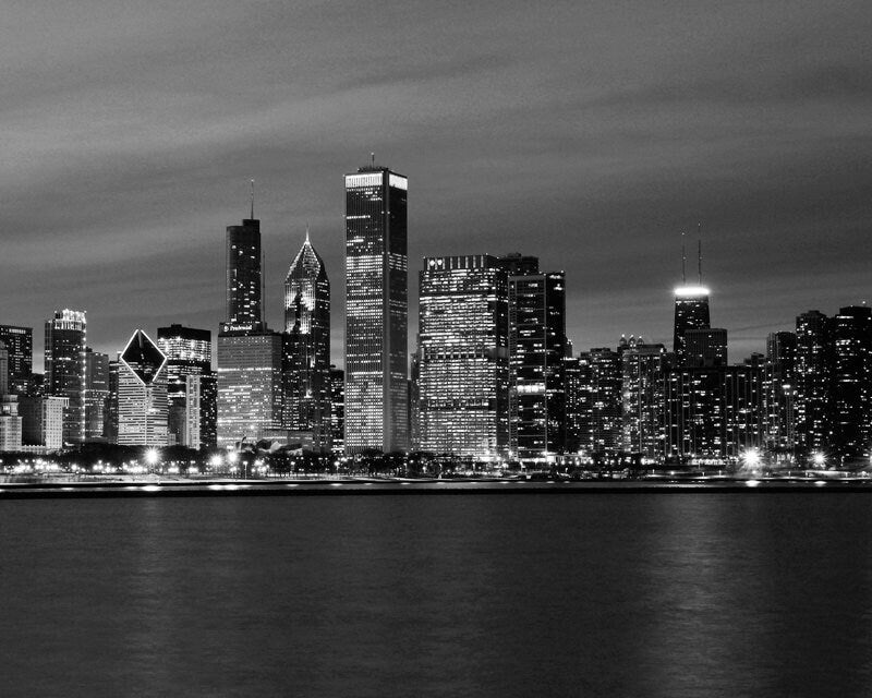 Chicago Skyline photo, paper or canvas print, black and white photography art, large wall decor, city panorama picture, 5x7 8x12 to 32x48"